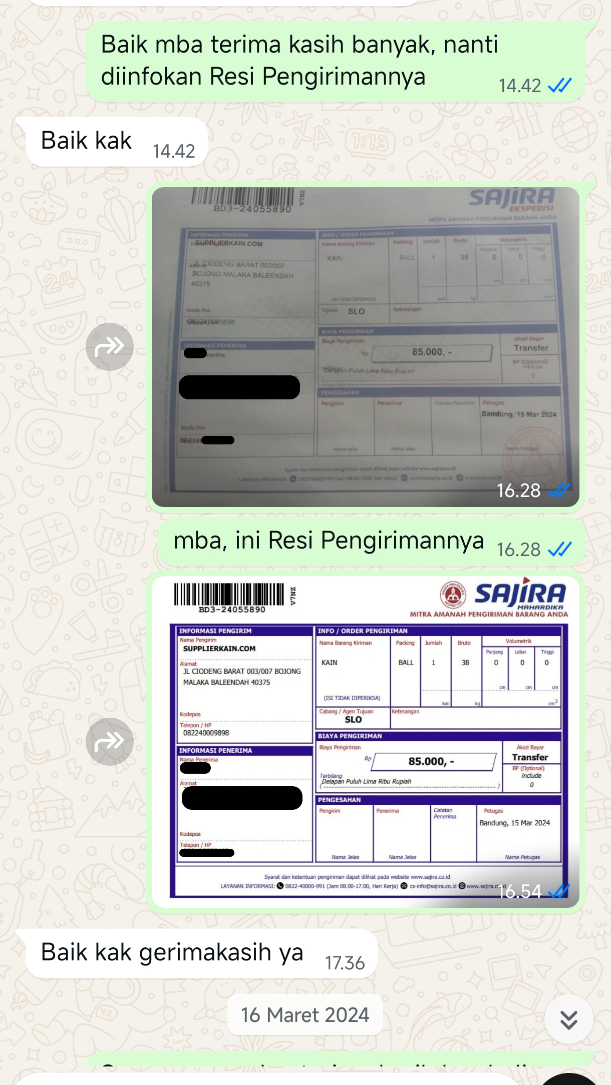Testimoni chat pelanggan supplierkain.com