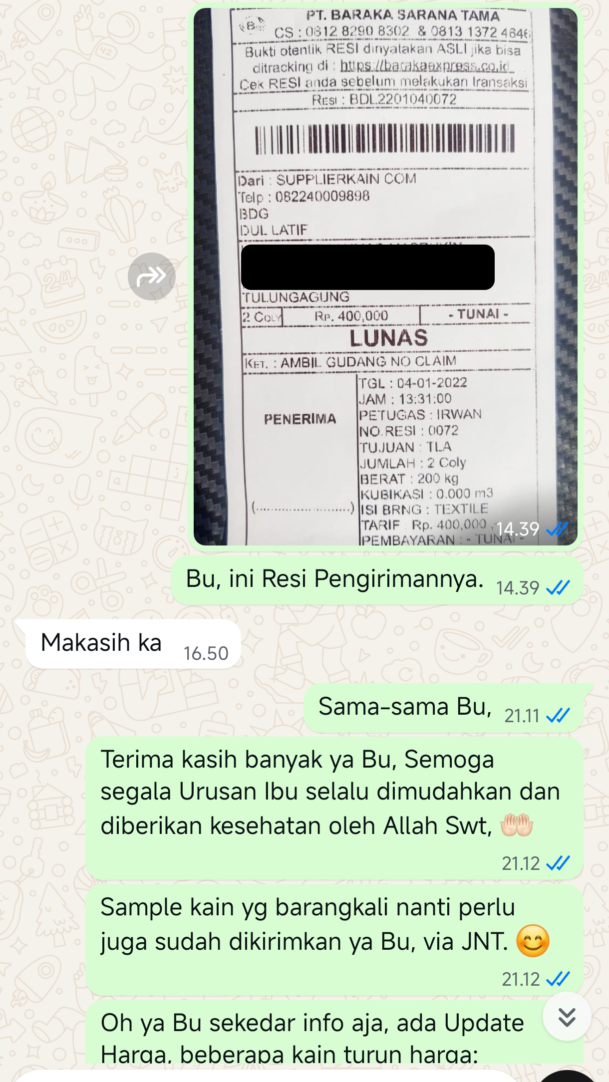 Testimoni chat pelanggan supplierkain.com